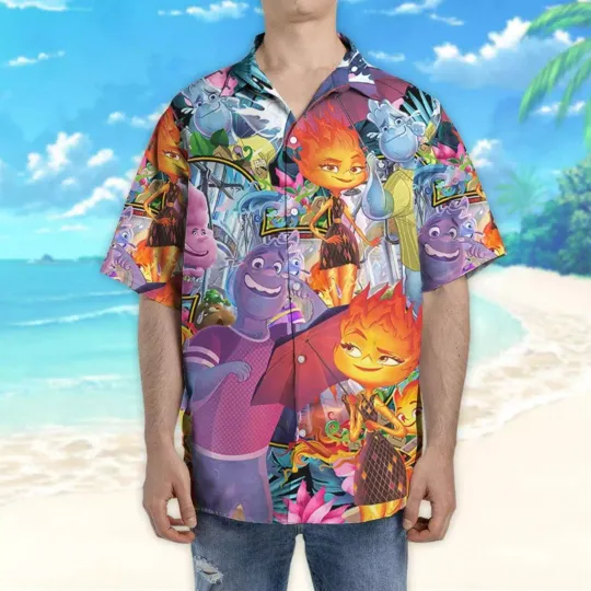 Disney Pixar Elemental Tropical Summer Disney Button Up Hawaii Shirt Aloha Short