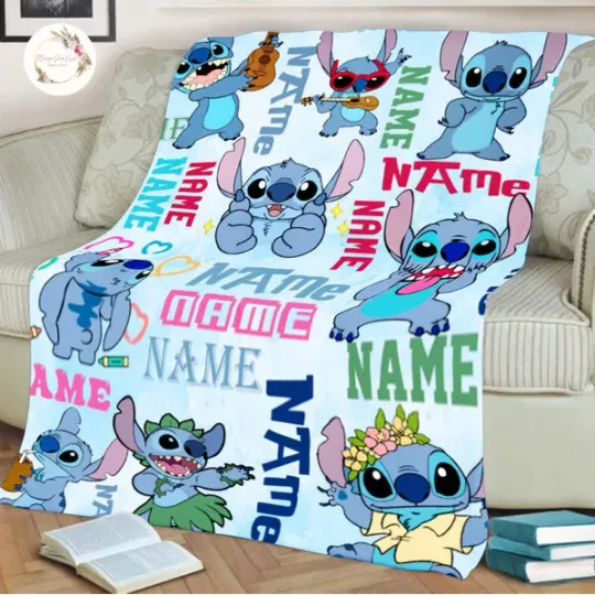Personalized Watercolor Stitch Blanket, Kid Name Blanket, Cartoon Movie