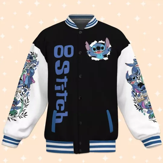 Custom Stitch Black Baseball Jacket, Adult Varsity Jacket, Personalized Disney