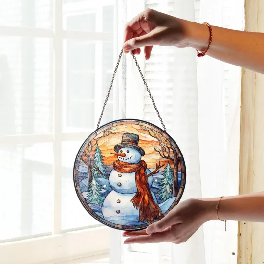 Discover Christmas Snowman Stained Glass Suncatcher, Winter Window Hanging Decor