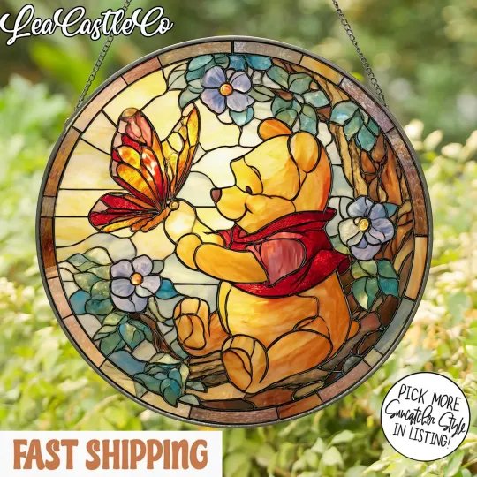 Discover Cute Cartoon Pooh Stained Glass Suncatcher, Round Stained Glass Style Window