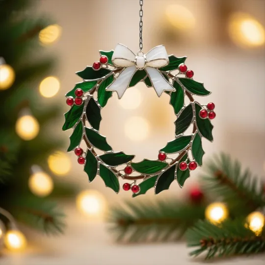 Discover Christmas Stained Glass Holly Wreath Suncatcher Ornament for Holiday Window Decor