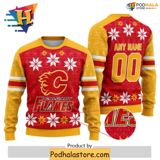 Discover Personalized Calgary Flames Ugly Christmas Sweater, Family Xmas Gift