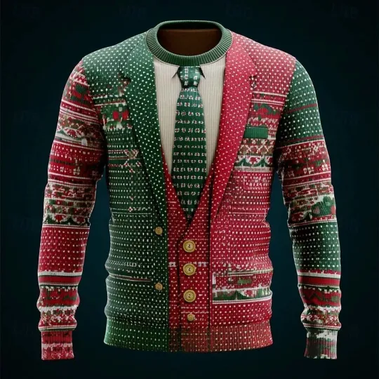 Discover Green Suit Ugly Christmas Sweater Funny Tie Reindeer Snowflakes Holiday Pullover