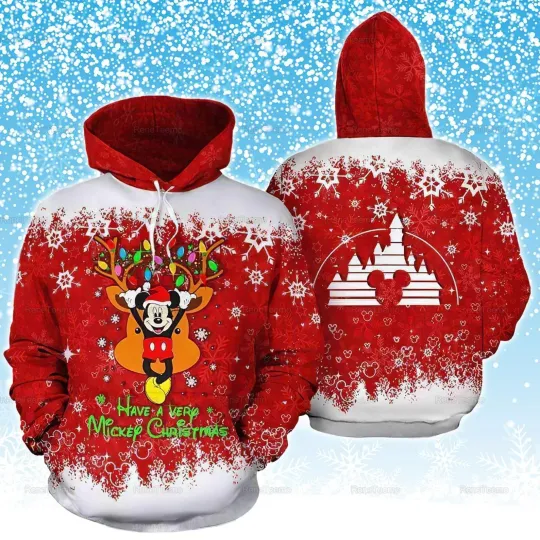 Discover Funny Mickey Have A Very Mickey Christmas Snowflakes Red Hoodie 3D Printed