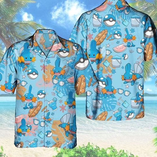 Pokem0n Mudkip Hawaiian Pattern Hawaii Shirt, Aloha Anime Mudkip Button Up Shirt