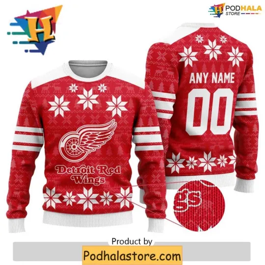 Discover Personalize Detroit Red Wings Ugly Christmas Sweater for Family Xmas Festivities