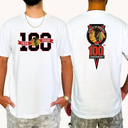 Discover Chicago Blackhawks 100th Anniversary Double-Sided T-Shirt