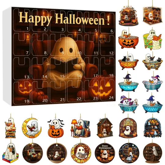 Discover Halloween Advent Calendar 2025, Christmas Tree 2D Ghost Reading Ornaments Decor