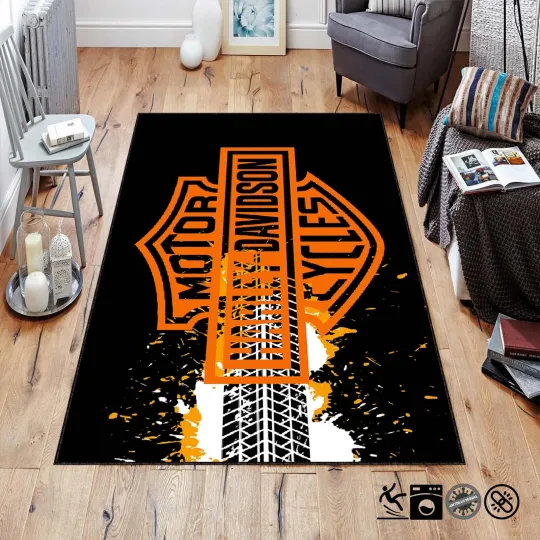 Discover Harley Motorcycle Garage Rug, Cycle Floor Mat, Motorcycle Themed Rug