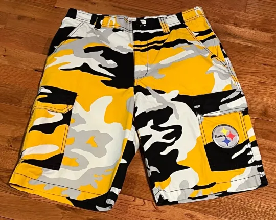 Discover football Team Apparel Pittsburgh Steeler Men Cargo Shorts Black Gold Camo
