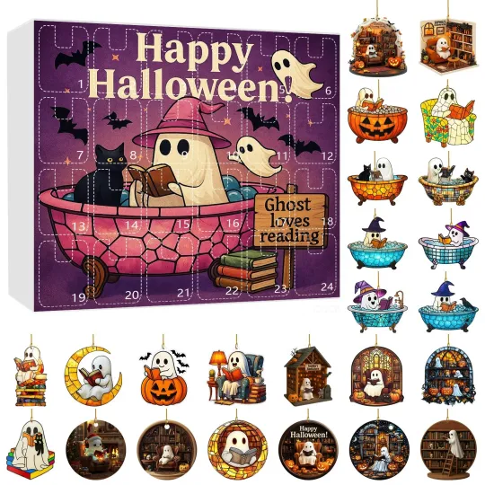 Discover 2D Ghost Reading Ornaments Halloween Advent Calendar, Christmas Tree Decorations