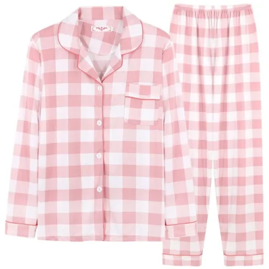 Discover Women's Long Sleeve Pajama Set with Lapel Collar Button-Down Top and Matching Pants