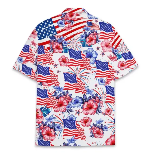 Flower American Flag Hawaiian Shirts, Patriotic 4th Of July 1776 Button Up