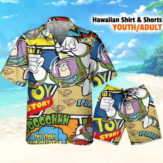 Disney Toy Story Buzz Lightyear Action Comic, Toy Story Hawaii Shirt Aloha Short