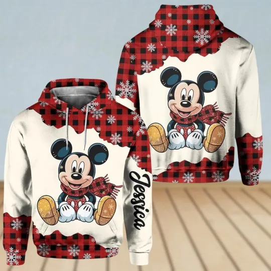 Discover Personalized Mickey Mouse Glitter Merry Christmas Red Plaid Hoodie 3D Printed