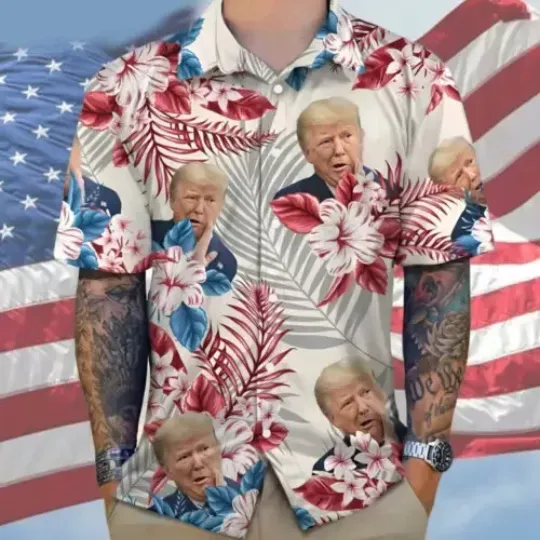 Funny Trump Whisper American Flag Tropical Flower Shirt, 4Th Of July Trump Shirt, US Election Hawaiian, Aloha Button Up Shirt, Summer Short Sleeve Shirt, Hawaiian For Men, Women and Kids