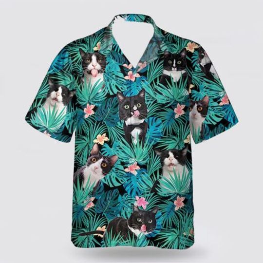 Tuxedo Cat With Funny Face Leaves Tropic Hawaiian Shirt - Gift For Cat Lover