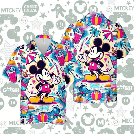 Retro Mickey Mouse Disney Cartoon Themed Colorful Beach Aloha Hawaiian Shirt, Woven Polyester Fabric Shirt, Summer Short Sleeve Button Down Shirts For Men, Women