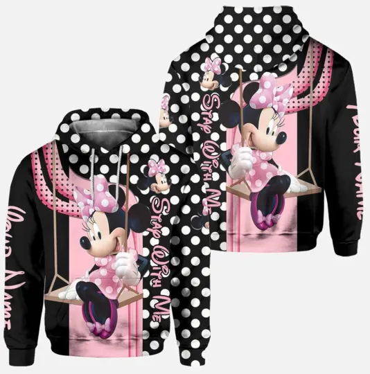 Discover Personalized Minnie Mouse Stay With Me Black & Pink Polka Dot Hoodie 3D Printed