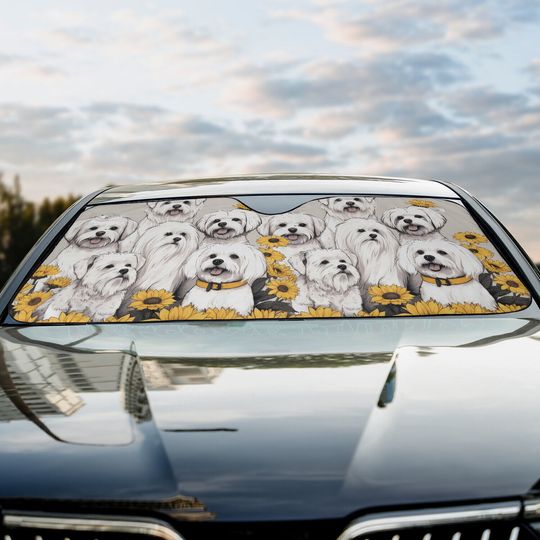 Maltese Happy Team Dogs Sunflowers Car Windshield Sun Shade