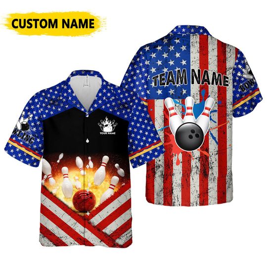 Custom Bowling Personalize Name Vintage Game, USA Bowling Button Hawaiian Shirt