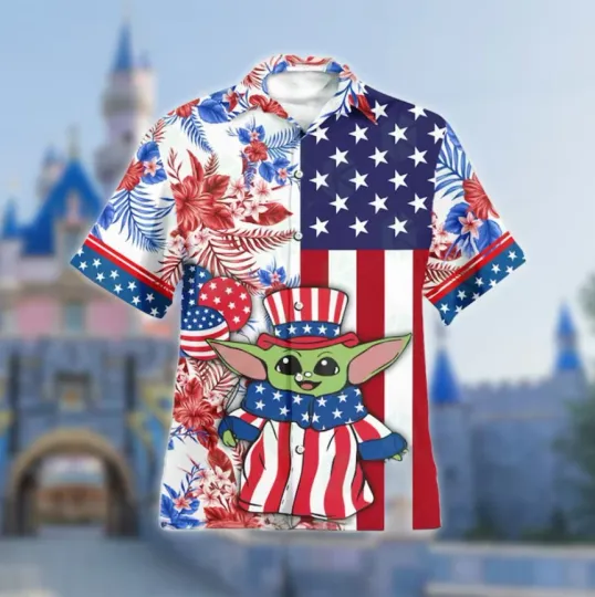 Discover Din Grogu Blue Red 4th Of July Summer Hawaiian Shirt, Gift for Men and Women