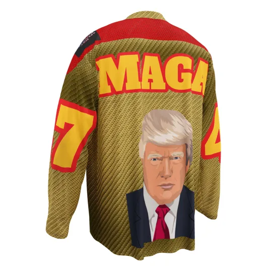 Discover Donald Trump Men's Hockey Jersey #47 Red Gold Recycled