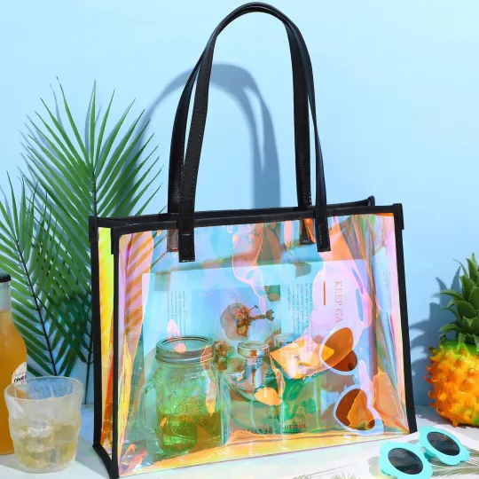 Discover Holographic Clear Tote Bag with Leather Handle for Beach and Bachelorette Events