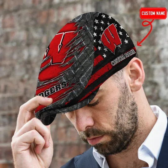 Discover Wisconsin Team Badgers Jeff Cap NCAA Jeff Cap Newsboy Flat Golf Driving Hat