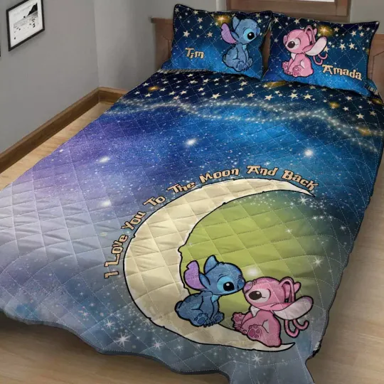 Personalized I Love You To The Moon And Back Stitch Angel Disney Bedding Set