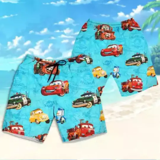 Disney Cars Blue Fabric Pattern, Cars Hawaii Shirt, Car Hawaii Shirt Aloha Short