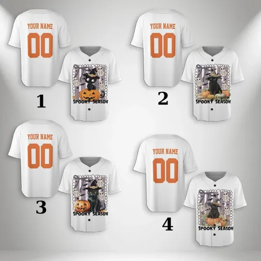 Discover Customized Black Cat Baseball Jersey, Halloween Spooky Pumpkin Jersey Shirt