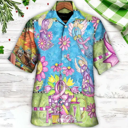 Discover Breast Cancer Courage Angel With Pink Ribbon Summer Hawaiian Shirt, Gift for Men and Women