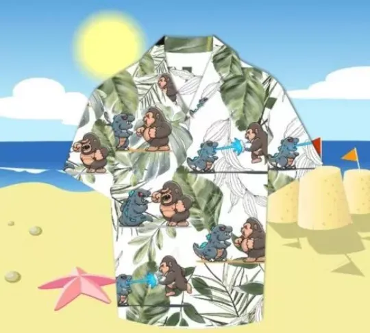 Cute god zilla and Kong Funny Unisex Button-Down Hawaiian Short Sleeve Shirt
