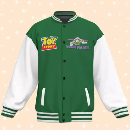 Personalize Toy Story Buzz Lightyear Green Color Baseball Jacket, Adult Varsity