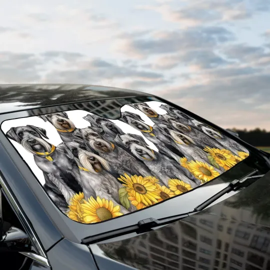 Standard Schnauzer Happy Team Dogs Sunflowers Car Sun Shade