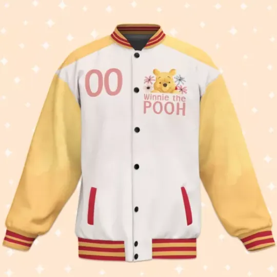 Custom Winnie the Pooh Flower Baseball Jacket, Adult Varsity Jacket, Personalized