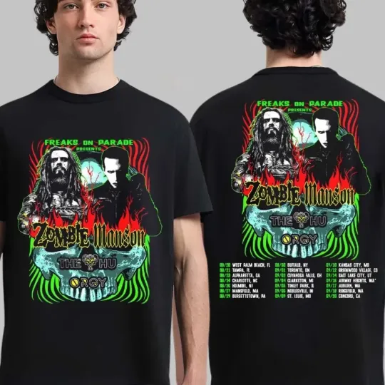 Discover Rob Zombie And Marilyn Mason With The Hu And Orgy Freaks 2026 USA Tour T-Shirt