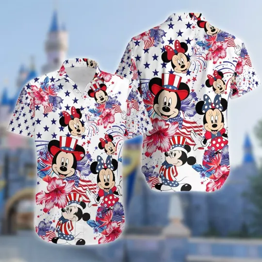 Cute Mickey & Minnie Mouse Girl Happy 4th of July Floral Colorful Hawaiian Shirt
