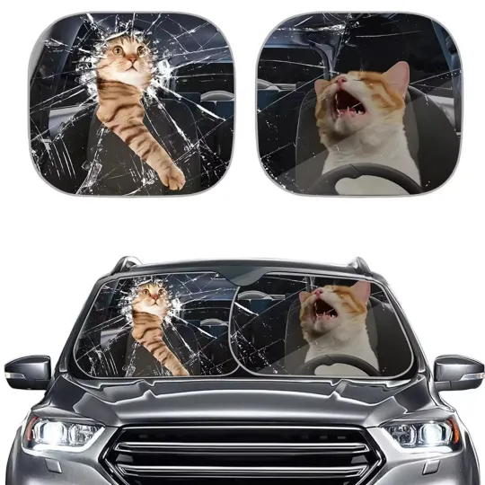 Funny Auto Sun Shade Two Cats Driver Print Car Front Window Sunshade