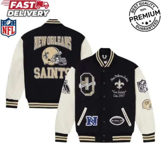 Discover Football New Orleans Saints Black & White Varsity Baseball Men's Letterman Jacket
