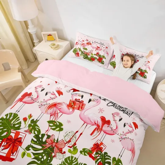 Discover Christmas Bedding Set King Size with Pink Flamingo Cartoon Design