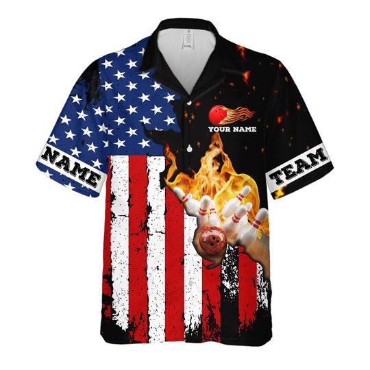 Custom Bowling Personalize Name Vintage Flame, USA Bowling Button Hawaiian Shirt