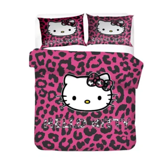 Cartoon Hello Kitty Leopard Print Quilt Duvet Cover Set Kids Queen Children