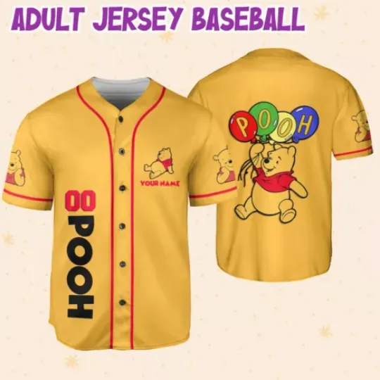 Personalize Pooh Yellow Red Custom Kids, Youth, Adult Disney Baseball Jersey