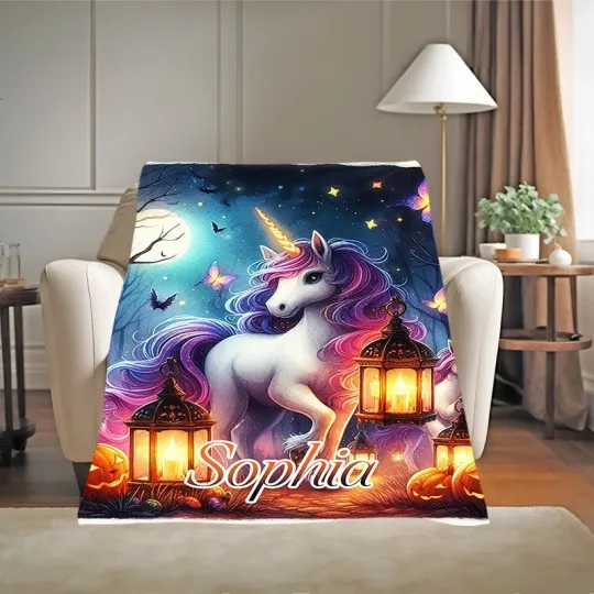 Discover Halloween Unicorn Blanket ,Custom Name, Spooky Moon Butterfly