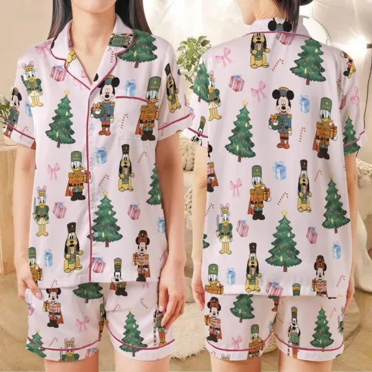 Discover Mickey And Friends Nutcracker Coquette Merry Christmas Satin Pajamas Short Set