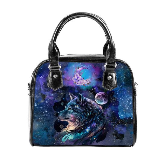 Cosmic Wolf Galaxy Moon Christmas Shoulder Bag, Gift For Women
