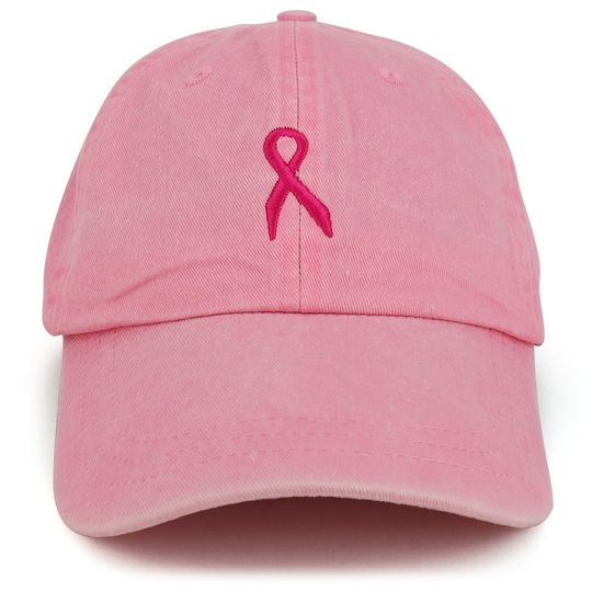 Small Breast Cancer Awareness Ribbon Embroidered Washed Cotton Cap